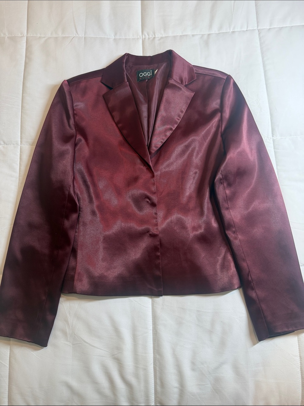 OGGI Women's Ultra Satin Blazer in Burgundy/Cranberry.